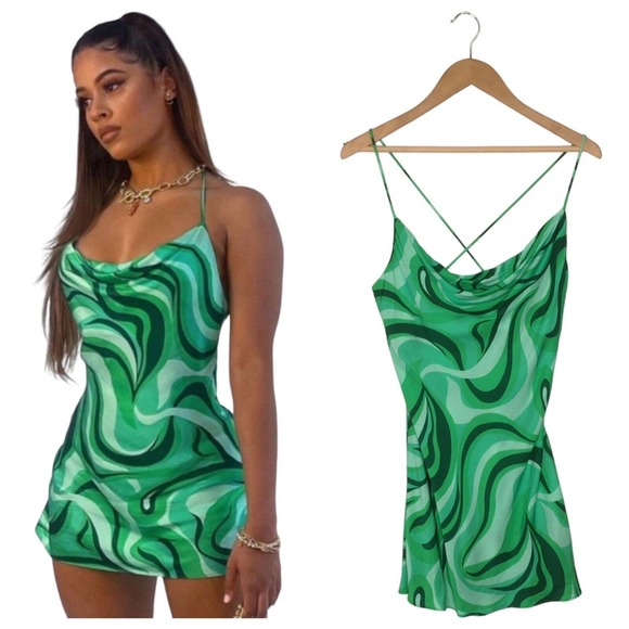 Zara Dresses & Skirts - Zara Safia Dress Micro Mini 70s Inspired Criss Cross Straps Abstract Green Small
